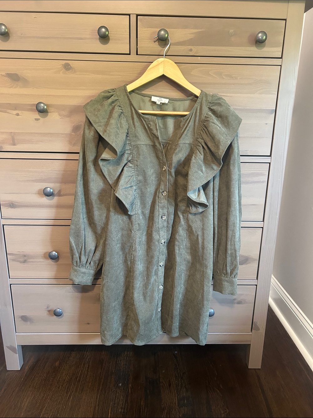 Ruffled Button-Front Women's Dress in Olive Green